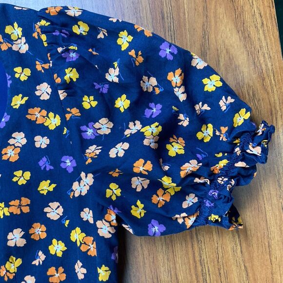 Madewell Smock-Sleeve Button-Front Mini Dress Happy Hibiscus Preppy Boho Sz 2 - Picture 10 of 12